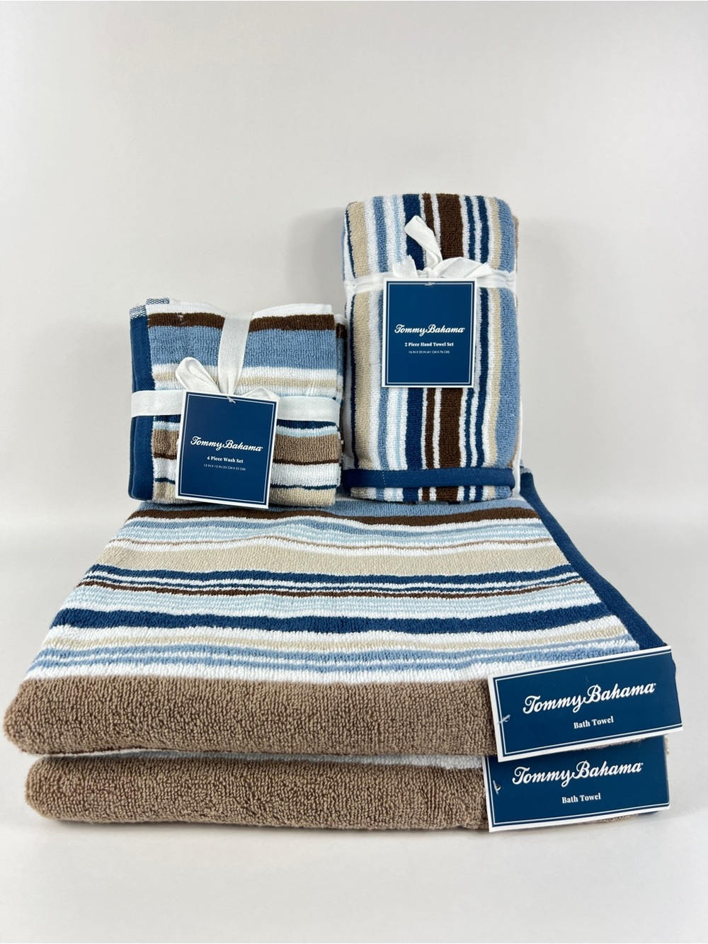 Tommy Bahama Towel Set Blue Brown Cream White Coastal Stripe Cotton 8 Pc NEW